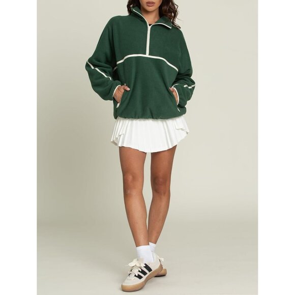 Womens Sherpa Fleece Half Zip Pullover Oversized Sweatshirt Green XXL - Picture 4 of 4